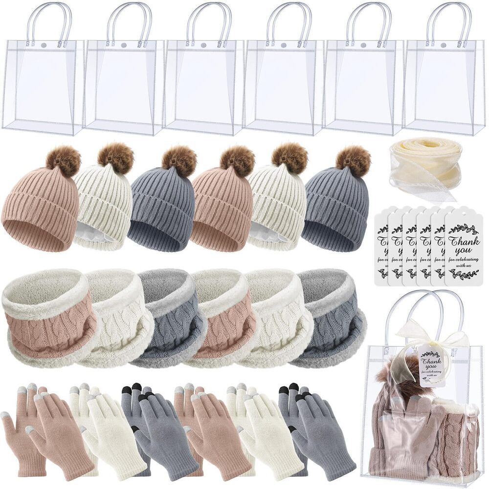 5903 6 Sets Baby Shower Games Prizes Knit Beanie Hat Scarf Gloves Ribbon